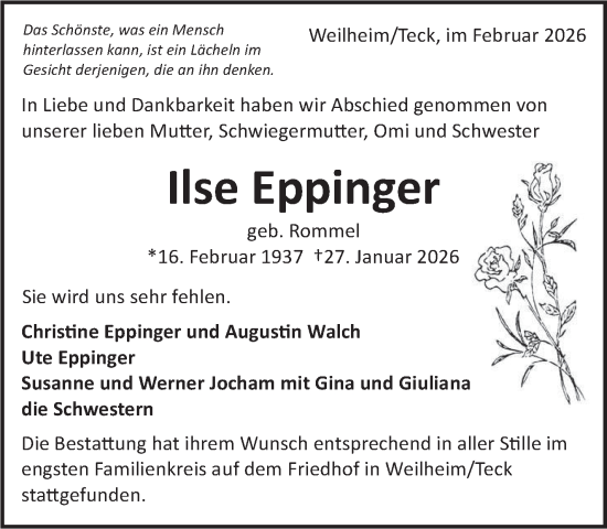 Traueranzeige von Ilse Eppinger von Eßlinger Zeitung