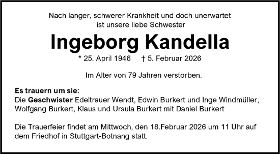 Traueranzeige von Ingeborg Kandella von Stuttgarter Zeitung / Stuttgarter Nachrichten