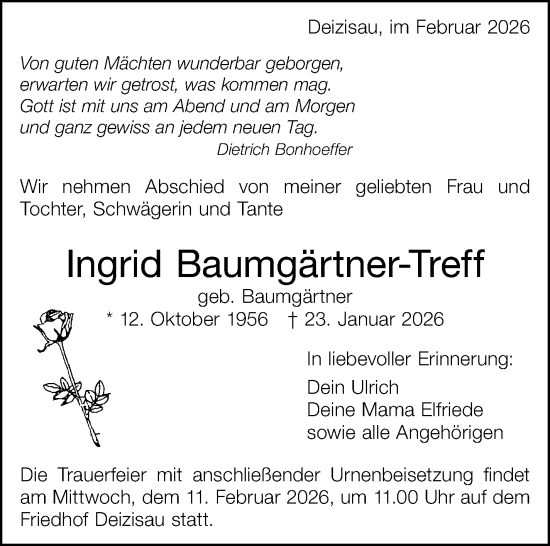 Traueranzeige von Ingrid Baumgärtner-Treff von Eßlinger Zeitung