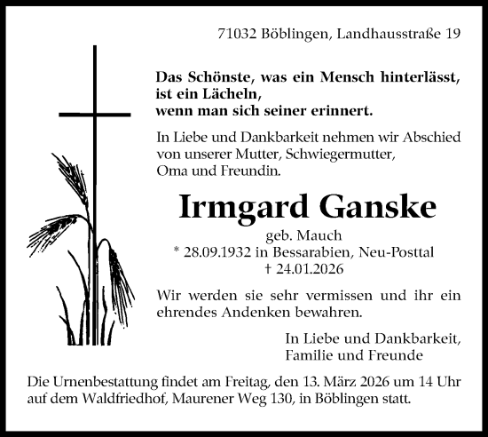Traueranzeige von Irmgard Ganske von Kreiszeitung Böblinger Bote