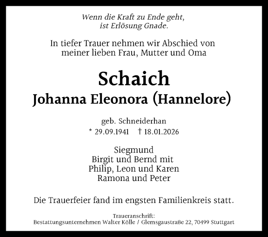 Traueranzeige von Johanna Eleonora Schaich von Stuttgarter Zeitung / Stuttgarter Nachrichten