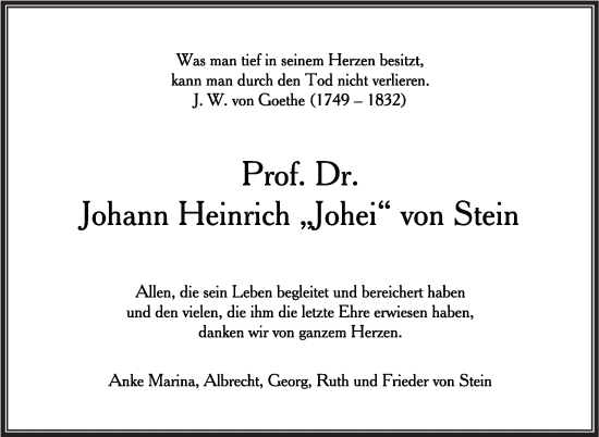 Traueranzeige von Johann Heinrich von Stein von Stuttgarter Zeitung / Stuttgarter Nachrichten