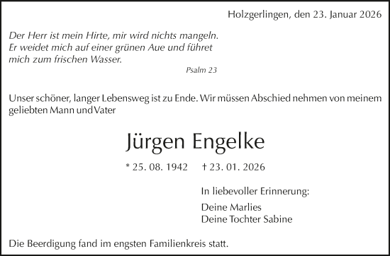 Traueranzeige von Jürgen Engelke von Kreiszeitung Böblinger Bote