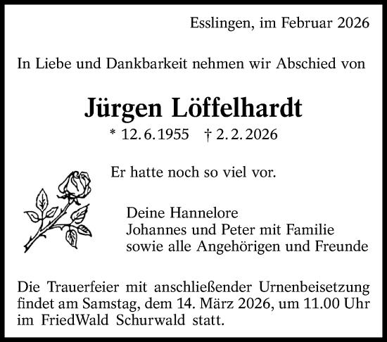 Traueranzeige von Jürgen Löffelhardt von Stuttgarter Zeitung / Stuttgarter Nachrichten