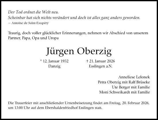 Traueranzeige von Jürgen Oberzig von Eßlinger Zeitung