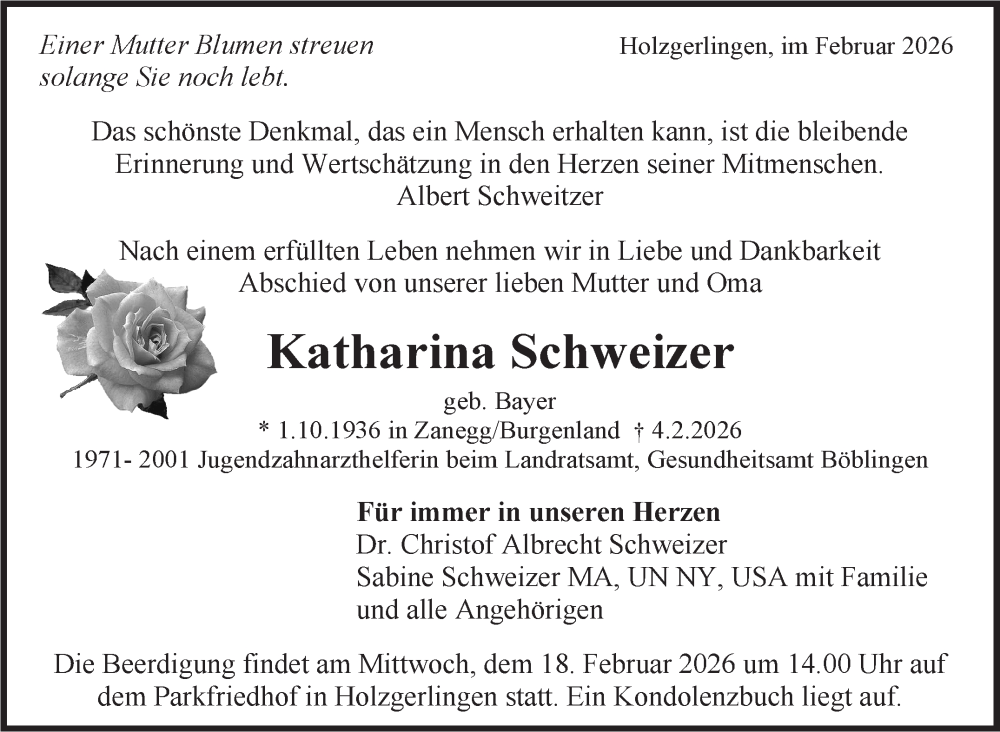  Traueranzeige für Katharina Schweizer vom 14.02.2026 aus Kreiszeitung Böblinger Bote