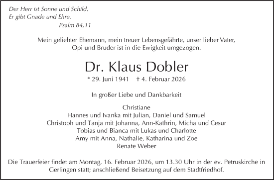 Traueranzeige von Klaus Dobler von Stuttgarter Zeitung / Stuttgarter Nachrichten