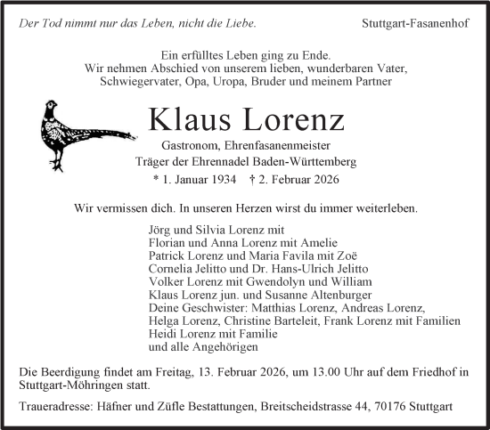 Traueranzeige von Klaus Lorenz von Stuttgarter Zeitung / Stuttgarter Nachrichten
