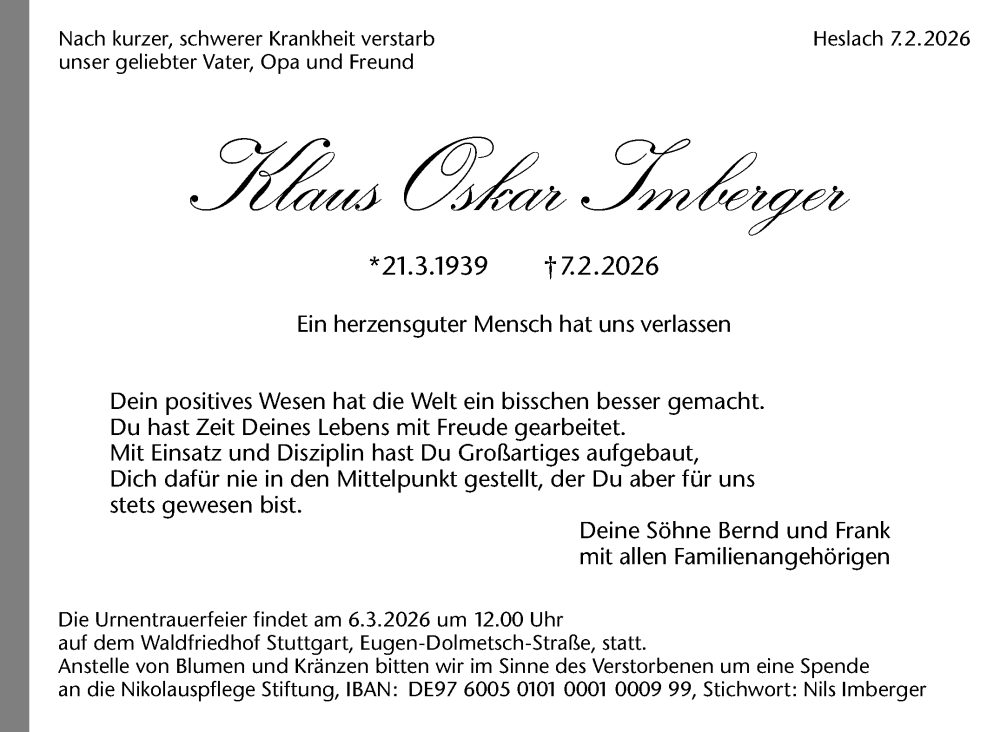  Traueranzeige für Klaus Oskar Imberger vom 14.02.2026 aus Stuttgarter Zeitung / Stuttgarter Nachrichten