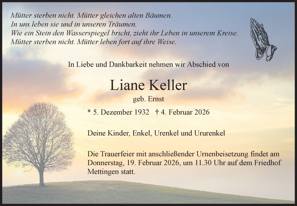  Traueranzeige für Liane Keller vom 14.02.2026 aus Eßlinger Zeitung