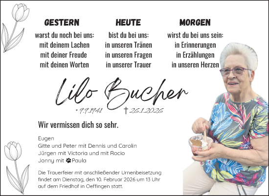 Traueranzeige von Lilo Bucher von Stuttgarter Zeitung / Stuttgarter Nachrichten