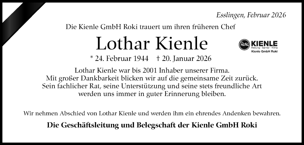  Traueranzeige für Lothar Kienle vom 03.02.2026 aus Eßlinger Zeitung