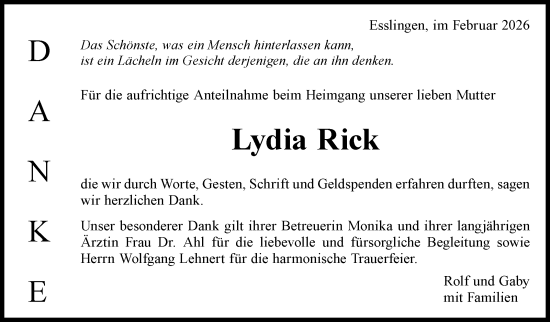 Traueranzeige von Lydia Rick von Eßlinger Zeitung