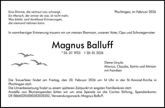 Traueranzeige von Magnus Balluff von Eßlinger Zeitung