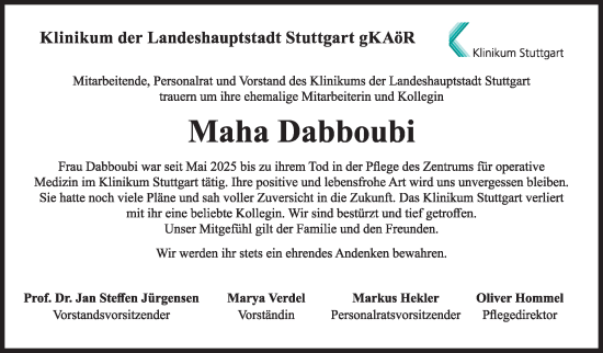 Traueranzeige von Maha Dabboubi von Stuttgarter Zeitung / Stuttgarter Nachrichten