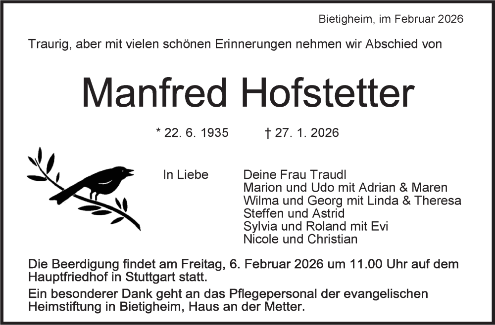  Traueranzeige für Manfred Hofstetter vom 04.02.2026 aus Stuttgarter Zeitung / Stuttgarter Nachrichten