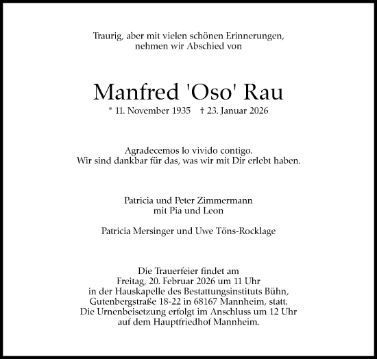 Traueranzeige von Manfred Rau von Stuttgarter Zeitung / Stuttgarter Nachrichten