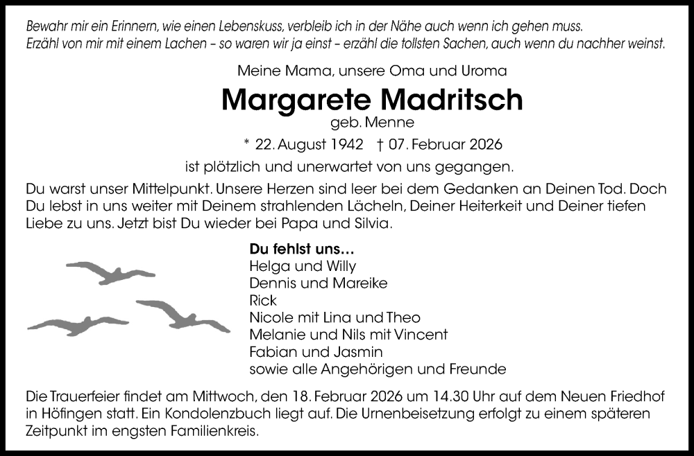  Traueranzeige für Margarete Madritsch vom 11.02.2026 aus Leonberger Kreiszeitung / Strohgäu Extra