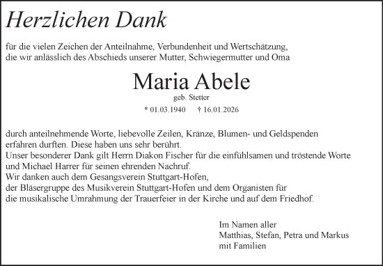 Traueranzeige von Maria Abele von Stuttgarter Zeitung / Stuttgarter Nachrichten