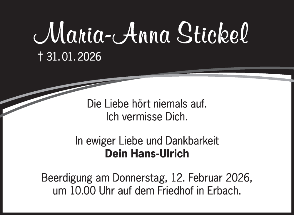  Traueranzeige für Maria-Anna Stickel vom 07.02.2026 aus Stuttgarter Zeitung / Stuttgarter Nachrichten