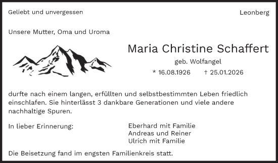 Traueranzeige von Maria Christine Schaffert von Leonberger Kreiszeitung / Strohgäu Extra