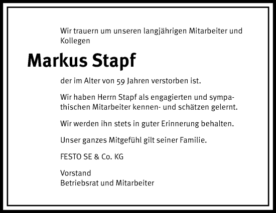 Traueranzeige von Markus Stapf von Eßlinger Zeitung