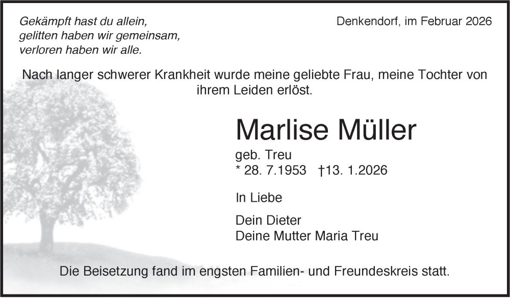  Traueranzeige für Marlise Müller vom 07.02.2026 aus Eßlinger Zeitung