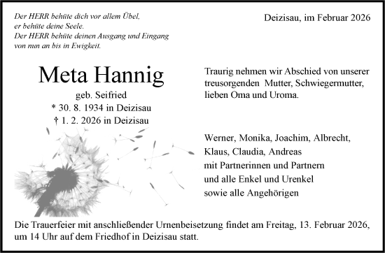 Traueranzeige von Meta Hannig von Eßlinger Zeitung