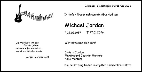 Traueranzeige von Michael Jordan von Kreiszeitung Böblinger Bote