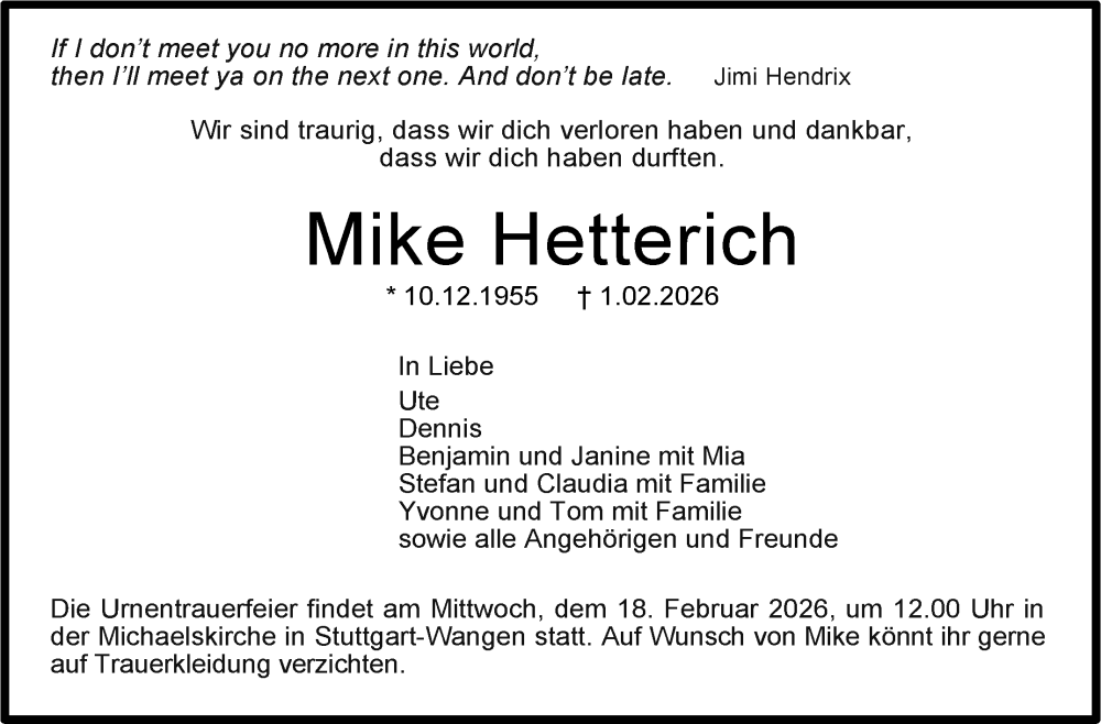  Traueranzeige für Mike Hetterich vom 10.02.2026 aus Stuttgarter Zeitung / Stuttgarter Nachrichten