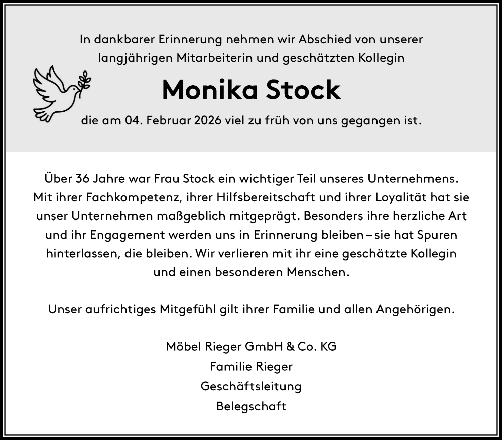  Traueranzeige für Monika Stock vom 14.02.2026 aus Eßlinger Zeitung