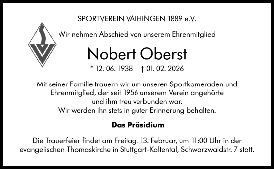 Traueranzeige von Nobert Oberst von Stuttgarter Zeitung / Stuttgarter Nachrichten