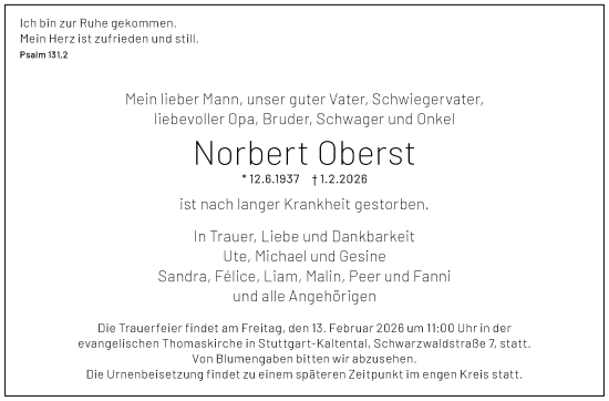 Traueranzeige von Norbert Oberst von Stuttgarter Zeitung / Stuttgarter Nachrichten