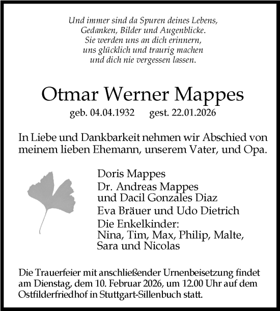 Traueranzeige von Otmar Werner Mappes von Stuttgarter Zeitung / Stuttgarter Nachrichten