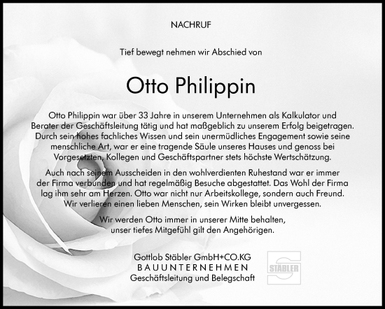 Traueranzeige von Otto Philippin von Leonberger Kreiszeitung / Strohgäu Extra