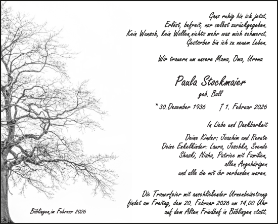 Traueranzeige von Paula Stockmaier von Kreiszeitung Böblinger Bote