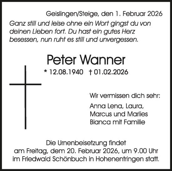 Traueranzeige von Peter Wanner von Kreiszeitung Böblinger Bote