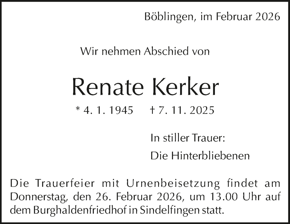  Traueranzeige für Renate Kerker vom 19.02.2026 aus Kreiszeitung Böblinger Bote