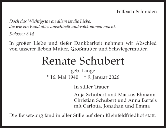 Traueranzeige von Renate Schubert von Stuttgarter Zeitung / Stuttgarter Nachrichten