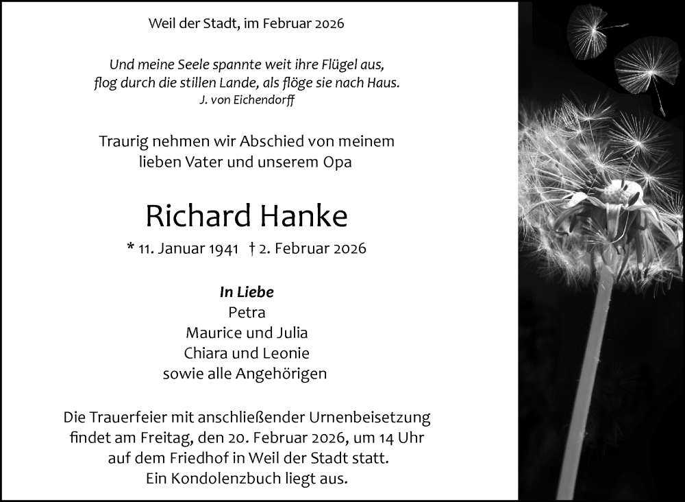  Traueranzeige für Richard Hanke vom 09.02.2026 aus Leonberger Kreiszeitung / Strohgäu Extra