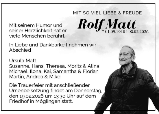 Traueranzeige von Rolf Matt von Stuttgarter Zeitung / Stuttgarter Nachrichten