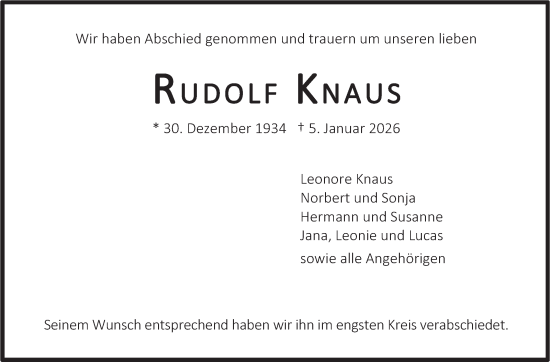 Traueranzeige von Rudolf Knaus von Stuttgarter Zeitung / Stuttgarter Nachrichten