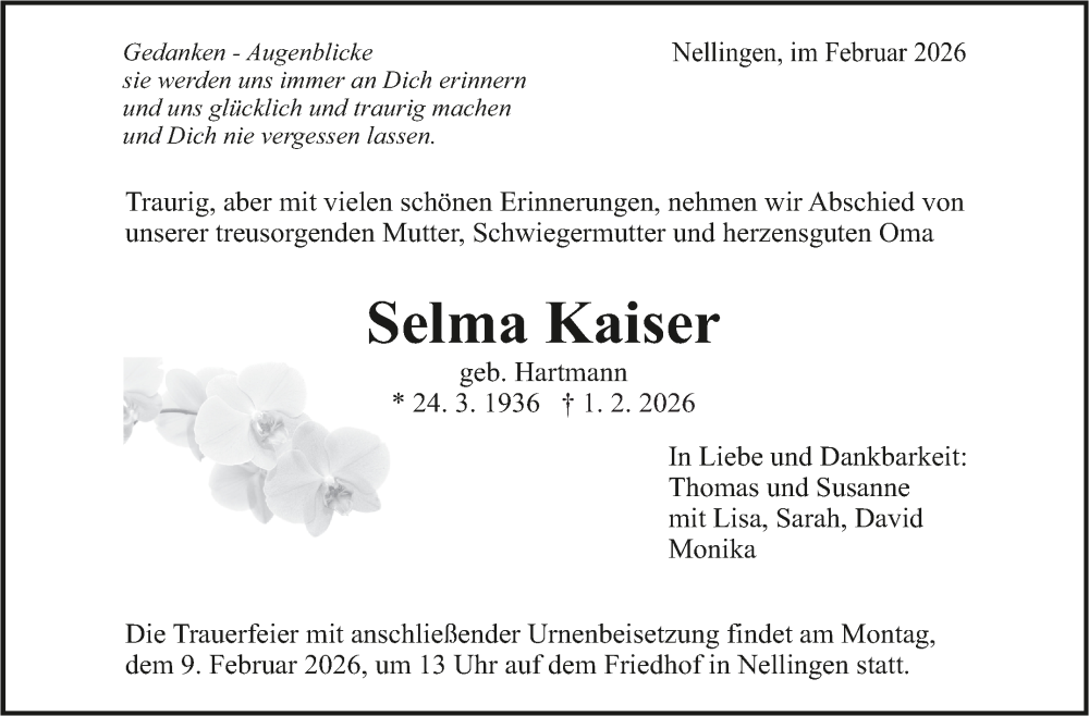  Traueranzeige für Selma Kaiser vom 05.02.2026 aus Eßlinger Zeitung