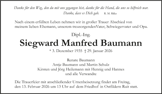 Traueranzeige von Siegward Manfred Baumann von Stuttgarter Zeitung / Stuttgarter Nachrichten