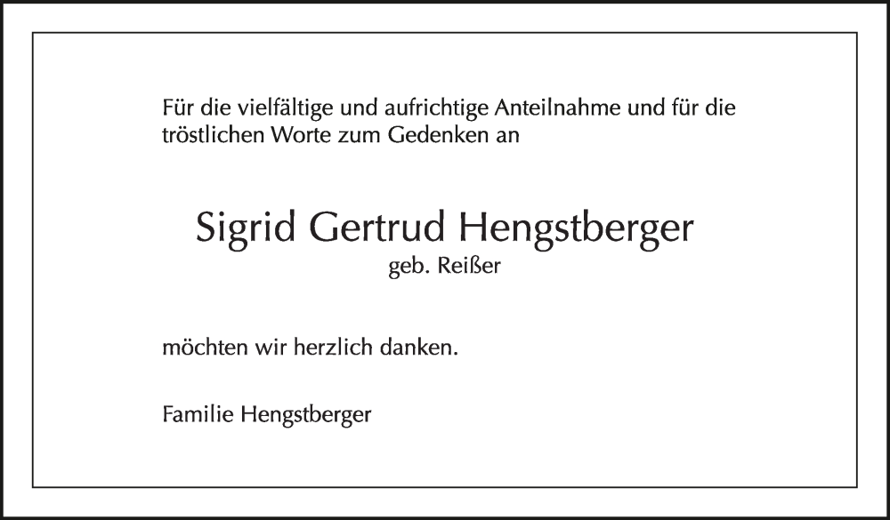  Traueranzeige für Sigrid Gertrud Hengstberger vom 14.02.2026 aus Kreiszeitung Böblinger Bote