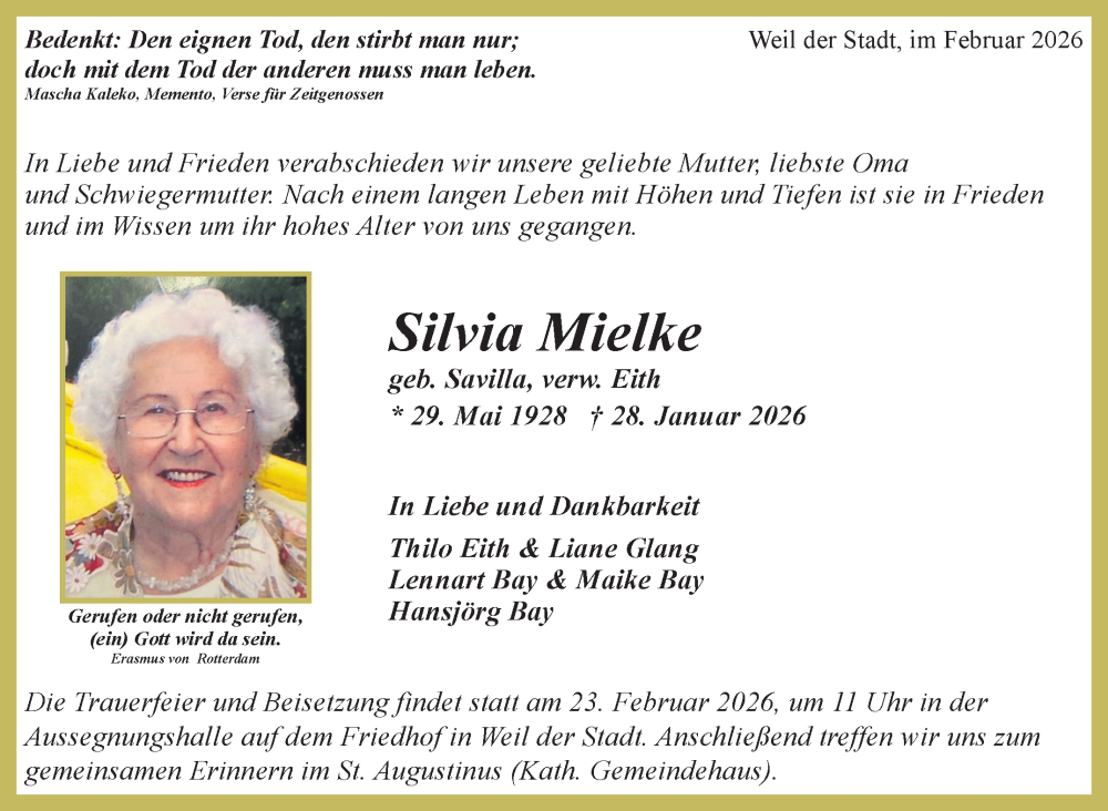  Traueranzeige für Silvia Mielke vom 14.02.2026 aus Leonberger Kreiszeitung / Strohgäu Extra