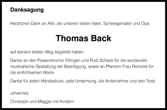 Traueranzeige von Thomas Back von Leonberger Kreiszeitung / Strohgäu Extra