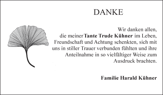 Traueranzeige von Trude Kühner von Leonberger Kreiszeitung / Strohgäu Extra