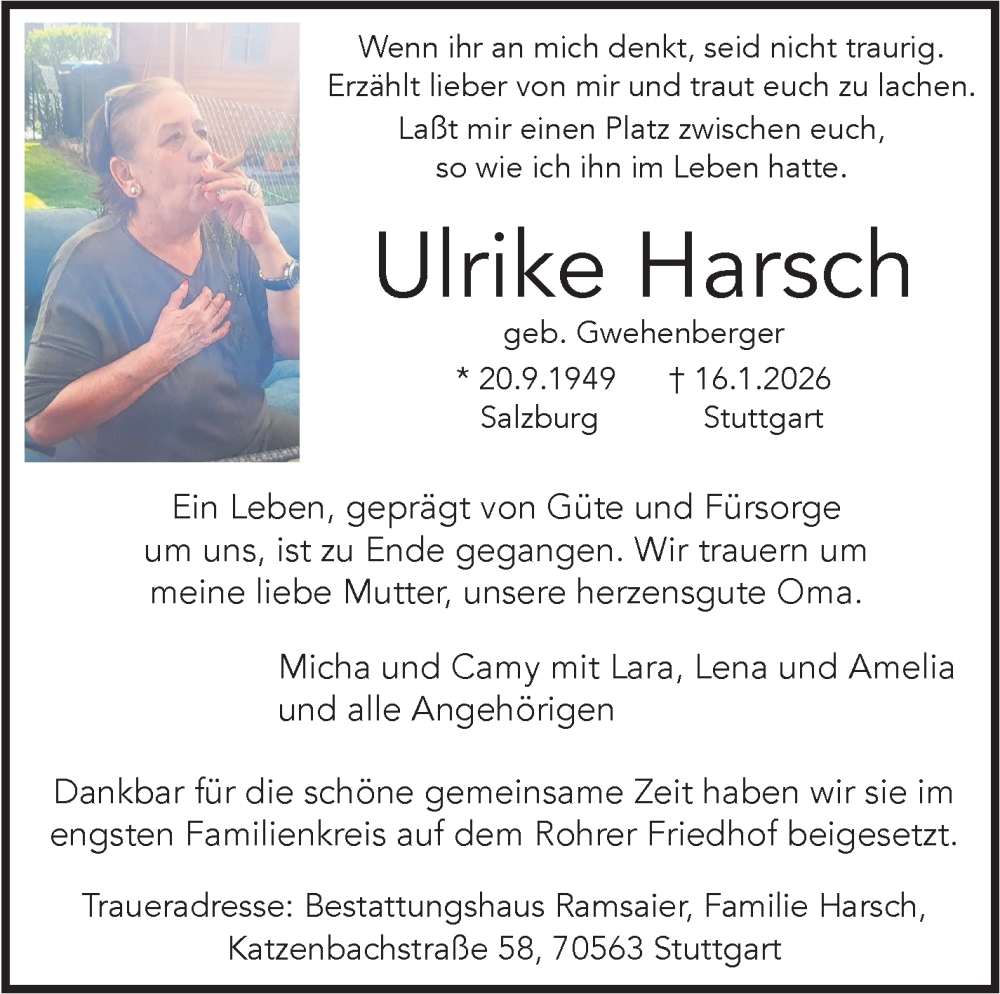  Traueranzeige für Ulrike Harsch vom 14.02.2026 aus Stuttgarter Zeitung / Stuttgarter Nachrichten