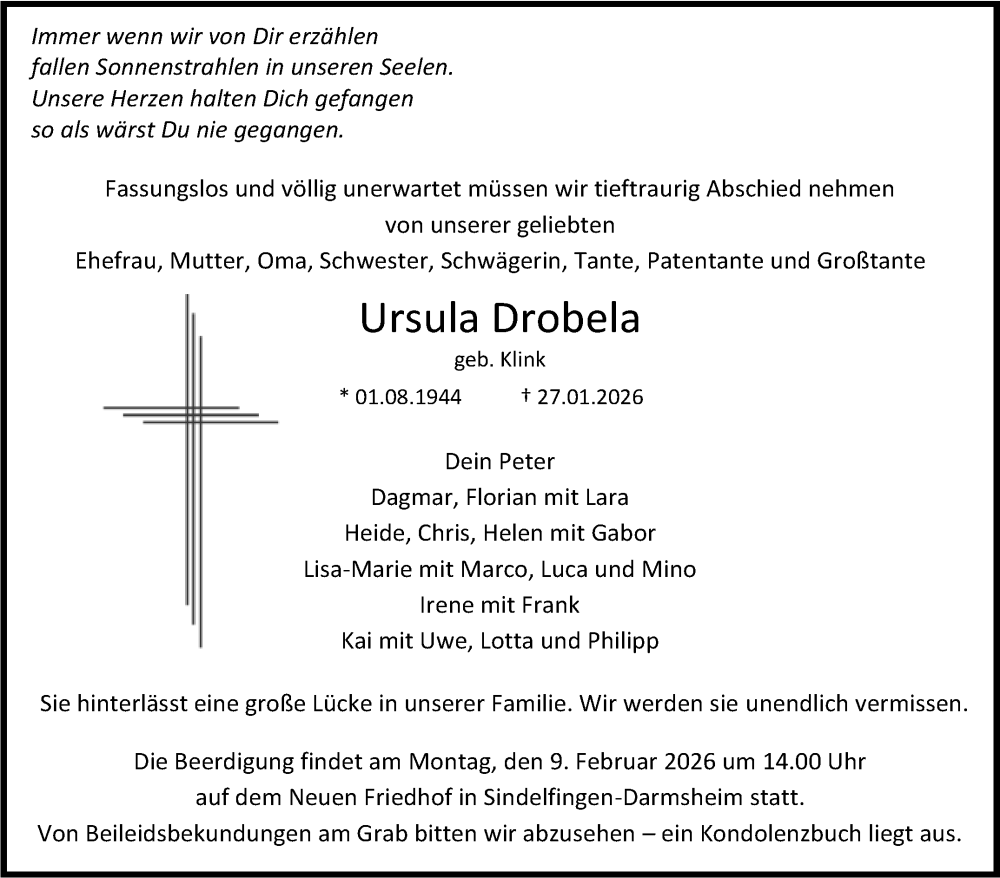  Traueranzeige für Ursula Drobela vom 05.02.2026 aus Kreiszeitung Böblinger Bote